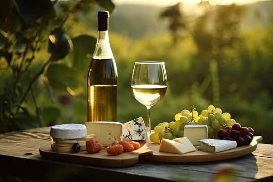 White wine in glass, grape, cheese platter, wine bottle on vineyard landscape. Picnic and wine degustation. illustration. Generative AI.