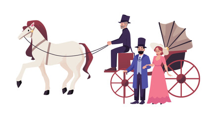 Vector carriage with white horse and aristocratic couple in elegant costumes isolated illustration on white background