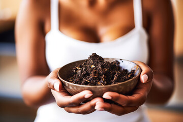 Captivating close-up of African woman's hands holding dish with black truffle shavings, evoking luxurious gastronomic experiences and culinary creativity. Generative AI