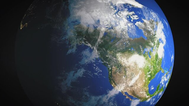 Pull back shot of rotating planet Earth from space. North American continent. 3D realistic animation of universe.