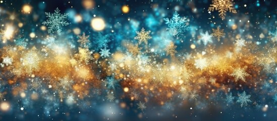 abstract background with snowflakes - christmas and winter concept, golden and blue colors