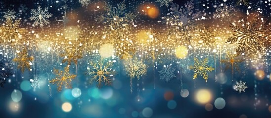 abstract background with snowflakes - christmas and winter concept, golden and blue colors