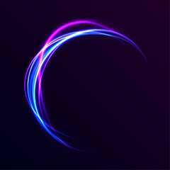 Violet neon color wave. Light trail wave, fire path trace line and incandescence curve twirl.	lectric swirl lines, neon light effect. Abstract magic energy waves.