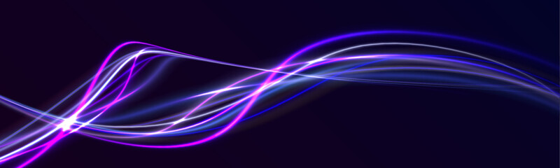 Purple and blue glowing wave swirl, impulse cable line. Abstract vector neon wave. Light lines of movement and speed with white color glitters. Bright sparkling background. Laser beams.	