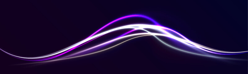 Violet neon color wave. Light trail wave, fire path trace line and incandescence curve twirl.	lectric swirl lines, neon light effect. Abstract magic energy waves.