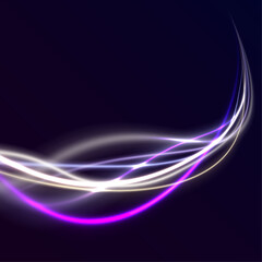 High speed abstraction. Wavy glowing bright smooth curved lines. Shining golden thin lines. Energy twirl. Neon laser wave swirl, glowing light effect, blue and purple trail. Light trail wave vector.	
