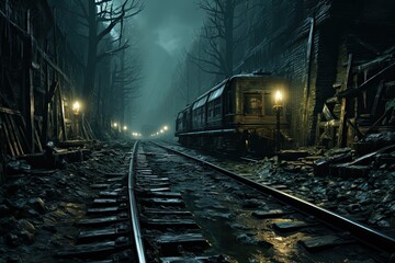 Plakat Train tunnels: mysterious depths, echoing whispers, hidden passages, fleeting glimpses illustration generative ai