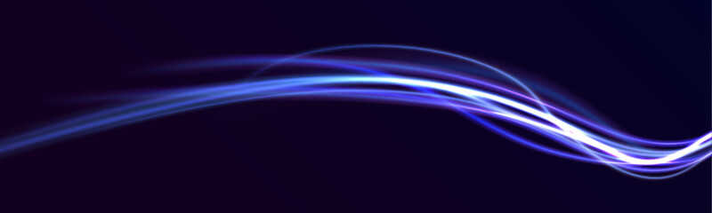 High speed abstraction. Wavy glowing bright smooth curved lines. Shining golden thin lines. Energy twirl. Neon laser wave swirl, glowing light effect, blue and purple trail. Light trail wave vector.	