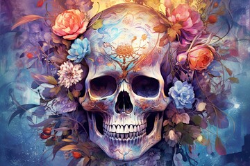 White skull decorated with flowers of yellow as for the day of the dead in mexico on a blue background