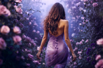 Woman in purple dress with flower design walking between rose bushes. Pink and purple hues.