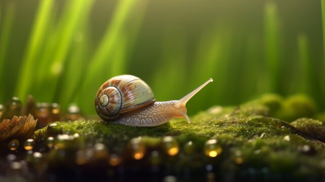 Snail crawing over green meadow with dew
