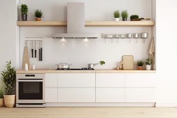 Interior of a white kitchen with a cooking area, a deck holding cookware, an oven, and a hood. Front view of a plant in a pot on a light wooden floor. Poster mockup with copy space. Generative AI