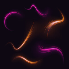 Futuristic neon light line trails. bright sparkling background. Purple glowing wave swirl, impulse cable lines. Long time exposure. Vector	