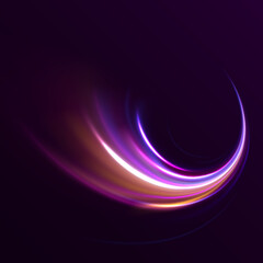 Futuristic neon light line trails. bright sparkling background. Purple glowing wave swirl, impulse cable lines. Long time exposure. Vector	