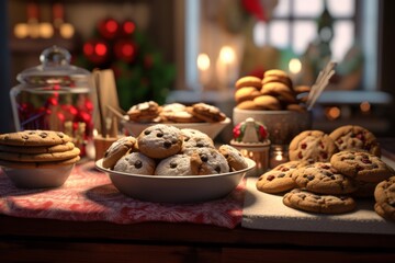 A kitchen counter filled with freshly baked cookies, gingerbread houses, and festive treats, capturing the joy and deliciousness of holiday baking traditions. Generative Ai