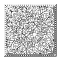 Decorative pattern of flowers and paisley for printing on fabric. Ornament for a bandana, a silk neckerchief, a tablecloth or a kerchief. Square sketch in tribal or oriental style.