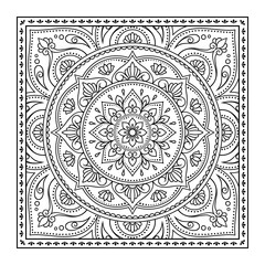 Decorative pattern of flowers and paisley for printing on fabric. Ornament for a bandana, a silk neckerchief, a tablecloth or a kerchief. Square sketch in tribal or oriental style.