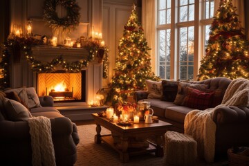 Fototapeta na wymiar A cozy living room with a crackling fireplace, adorned with stockings, garlands, and flickering candles, evoking a sense of warmth and comfort during the holidays. Generative Ai