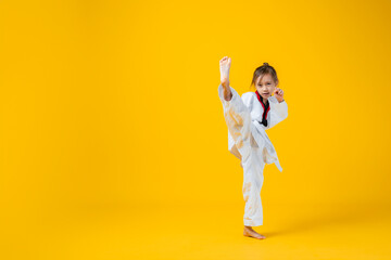 Fototapeta na wymiar Banner: Asian-Australian girl poses in martial arts Practice taekwondo, karate, judo against a yellow background in the studio. Asian kids karate or Taekwondo martial arts. Sport kid training action.