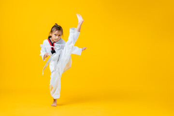 Banner: Asian-Australian girl poses in martial arts Practice taekwondo, karate, judo against a yellow background in the studio. Asian kids karate or Taekwondo martial arts. Sport kid training action. © VStudio