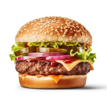 Fresh tasty burger isolated on white background. Generative AI