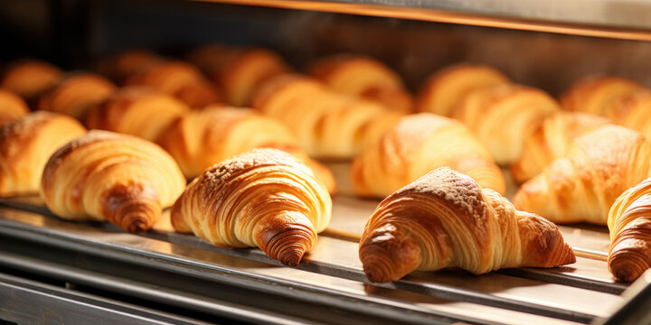fresh croissants in rack in bakery oven