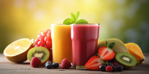 smoothies of different colors of fruit