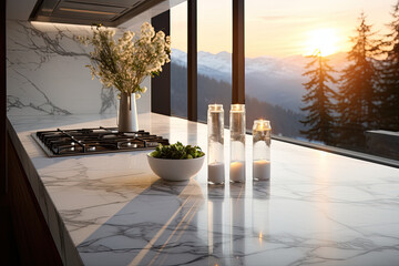 A modern kitchen room with a large, sleek marble counter, clear vase with white flowers, luxurious, background of stainless steel appliances and cabinets, ai generative