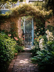 Fototapeta na wymiar a gate covered in roses next to a brick front home, in the style of romantic honesty, southern charm, ai generative
