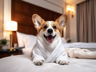 Welsh corgi pembroke dog in grooming salon after shower wrapped in towel. Happy corgi dog in a bathrobe resting on bed after taking bath in luxury dog salon or dog hotel. Cute dog after shower. AI