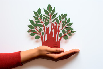 Growing Impact: A Paper-Cut Hand Holding a Plant, Emphasizing Individual Actions for Environmental Nurturing. Generative AI Art Illustration	