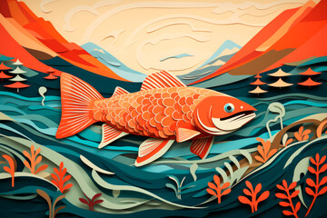 A paper-cut image of a fish swimming in a clean river, advocating for the preservation of freshwater ecosystems. Generative AI Art Illustration	
