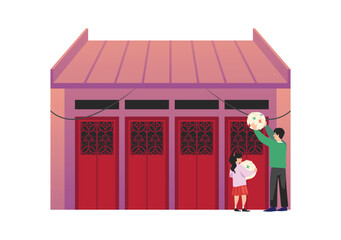 Vector illustration of Mid autumn festival, happy girl and father decorate the house with garland Chinese paper lanterns