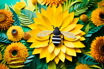 Floral Harmony: A Paper-Cut Sunflower with a Honeybee, Promoting Sustainable Agriculture and Pollinator Protection. Generative AI Art Illustration	