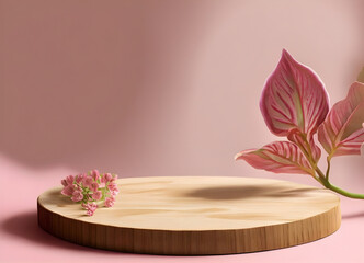 Wooden round podium with flowers and shadows on pastel background. Empty natural stand for presentation and exhibitions for organic cosmetic product. Mockup, AI Generative