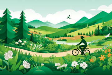 A paper-cut depiction of a person cycling amidst a green landscape, promoting eco-friendly transportation and active lifestyles. Generative AI Art Illustration	