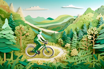 Pedaling Towards a Greener Future: A Paper-Cut Image of a Cyclist Amidst a Green Landscape. Generative AI Art Illustration	