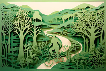 A paper-cut depiction of a person cycling amidst a green landscape, promoting eco-friendly transportation and active lifestyles. Generative AI Art Illustration	