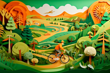 Green Wheels in Motion: A Paper-Cut Illustration of a Cyclist Embracing Eco-Friendly Transportation. Generative AI Art Illustration	