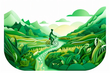 Green Pedals: A Paper-Cut Illustration of a Cyclist Embracing Eco-Friendly Transportation. Generative AI Art Illustration	