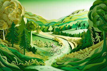 Cycle for a Greener World: A Paper-Cut Image of a Cyclist in a Lush Green Landscape. Generative AI Art Illustration	
