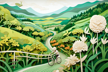Riding the Green Path: A Paper-Cut Depiction of a Cyclist Promoting Sustainable Mobility. Generative AI Art Illustration	