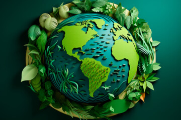 A paper-cut illustration of a globe surrounded by green leaves, representing global environmental awareness. Generative AI Art Illustration	