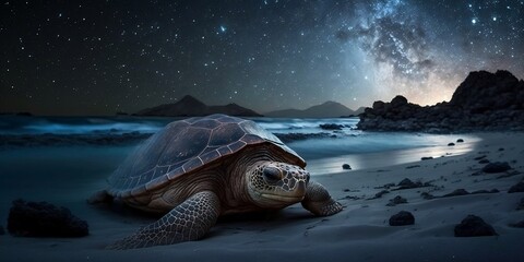 Turtle on the beach at night under the bright glow of the stars - obrazy, fototapety, plakaty
