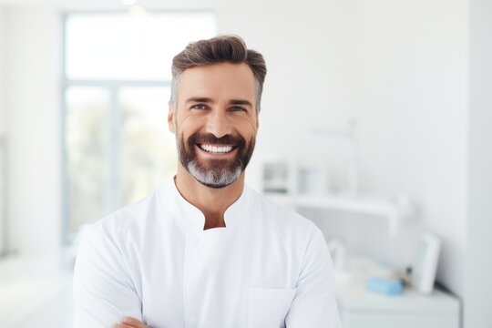 Caucasian man dentist smiling while standing in dental clinic, AI Generative