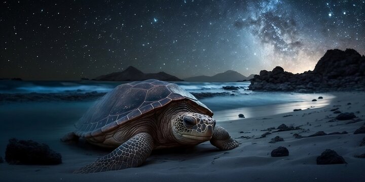 Turtle on the beach at night under the bright glow of the stars
