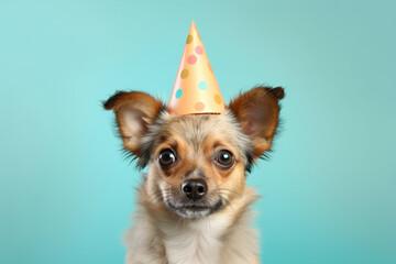 Small dog with birthday party hat on pastel background