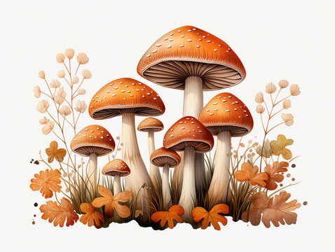 set in stile acquerello di funghetti e foglie , colori tenui delicati autunnali, ideale per libri o album per bambini, , fondo bianco scontornabile