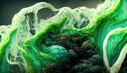 Obraz premium Stunning picture of white and green liquid ink blending together, with a fantastic quality and realistic texture. 3D digital illustration. Generative AI