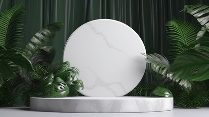Abstract bright color springtime minimal round podium for product display with plant and green leaves on natural background